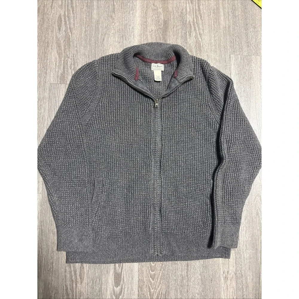 LL Bean Mens Large Gray Organic Cotton Waffle Knit Full Zip Cardigan Sweater